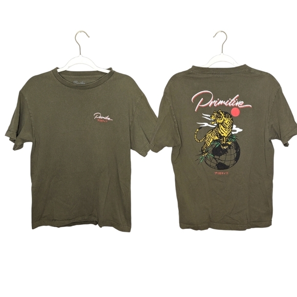 Primitive Skateboarding green short sleeve tiger globe Osaka Japanese shirt M - Picture 1 of 5
